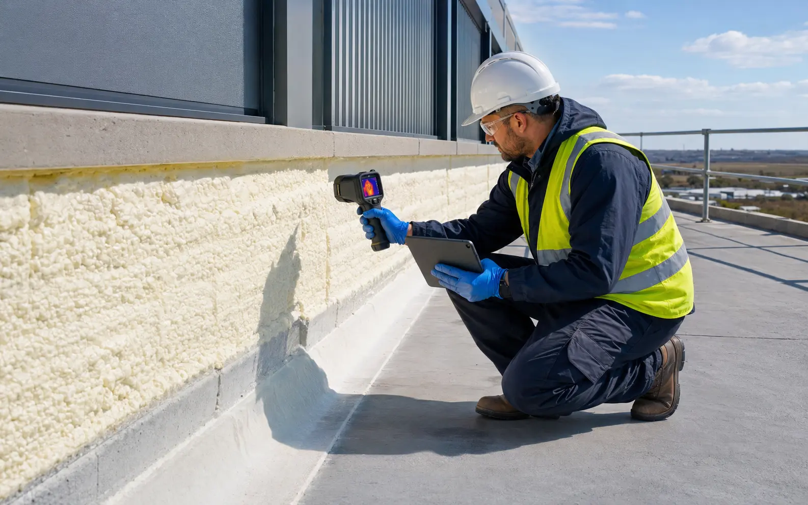An engineer checking the thermal performance of installed foam insulation