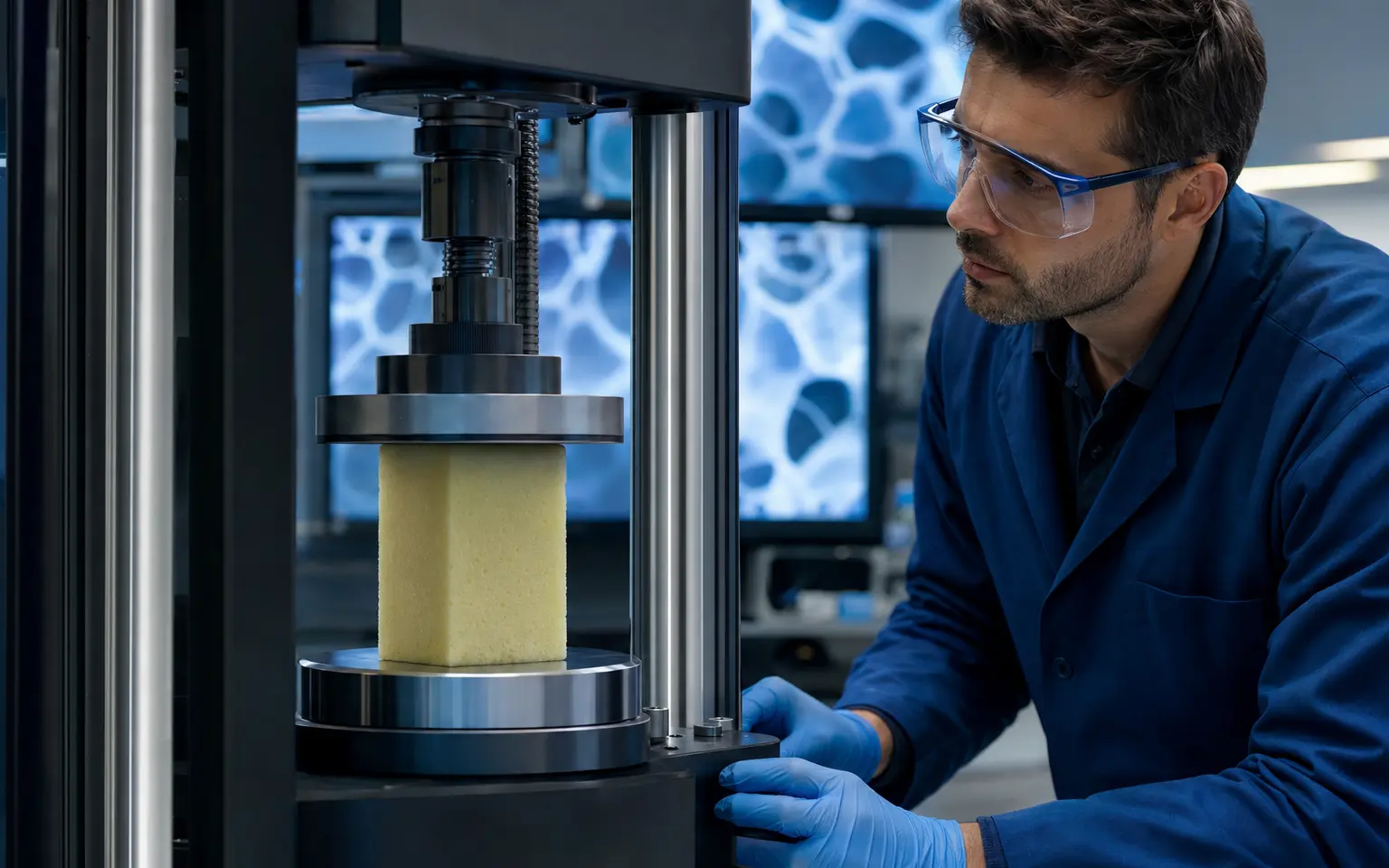 A technician monitoring polyurethane foam compression testing in a modern materials laboratory