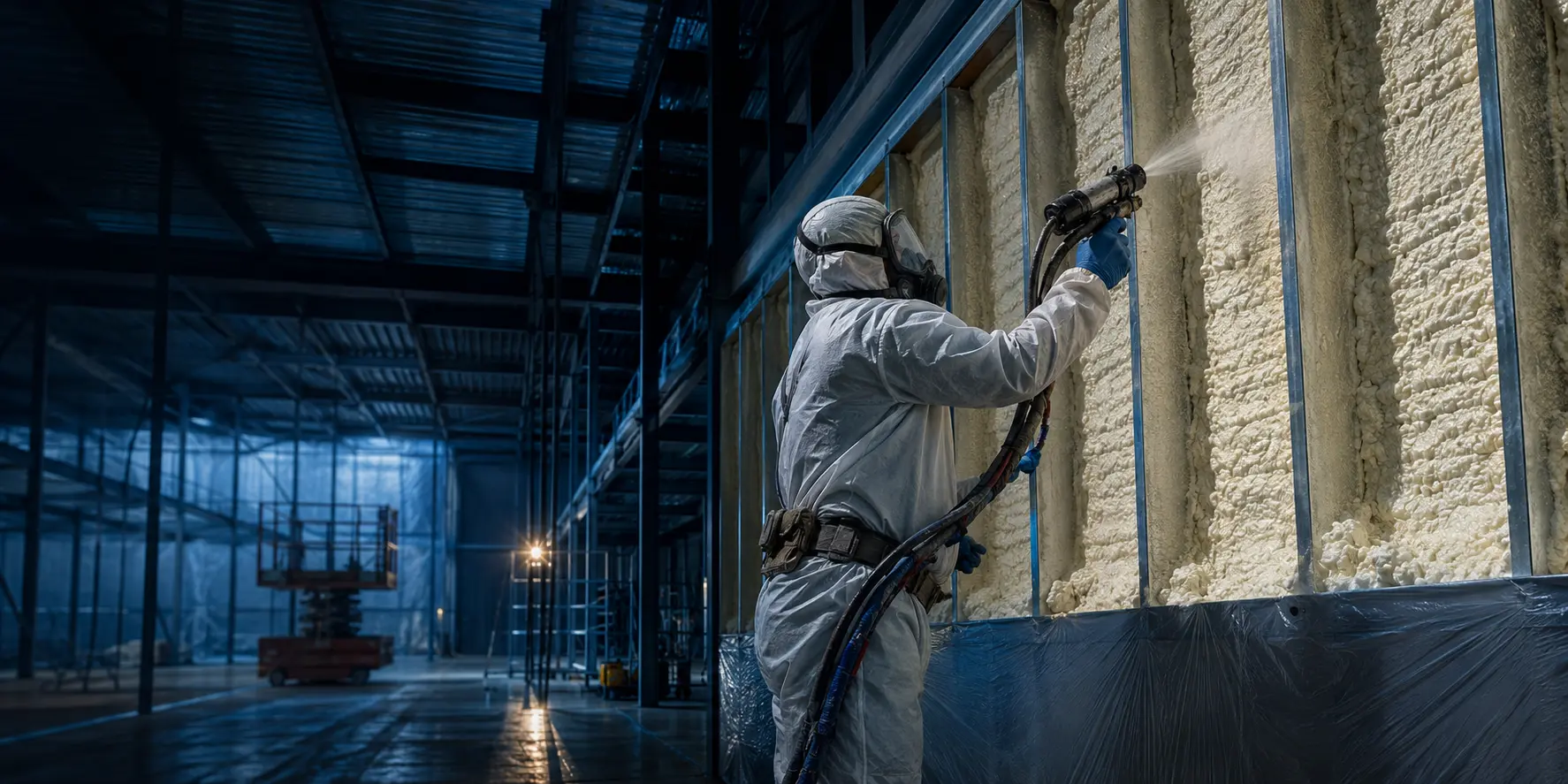 A protected installer applying spray foam between structural wall studs