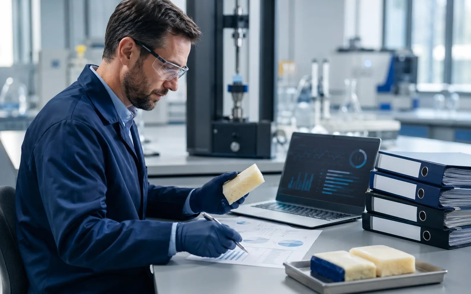 A technical specialist reviewing polyurethane samples, data sheets and test results