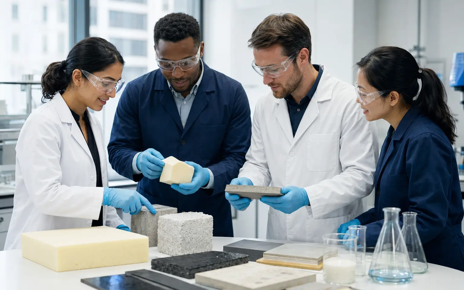 Urechem technical team reviewing polyurethane and construction material samples
