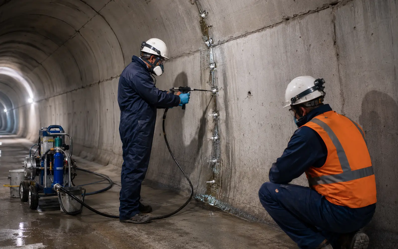 Construction specialists injecting a concrete joint inside an infrastructure tunnel