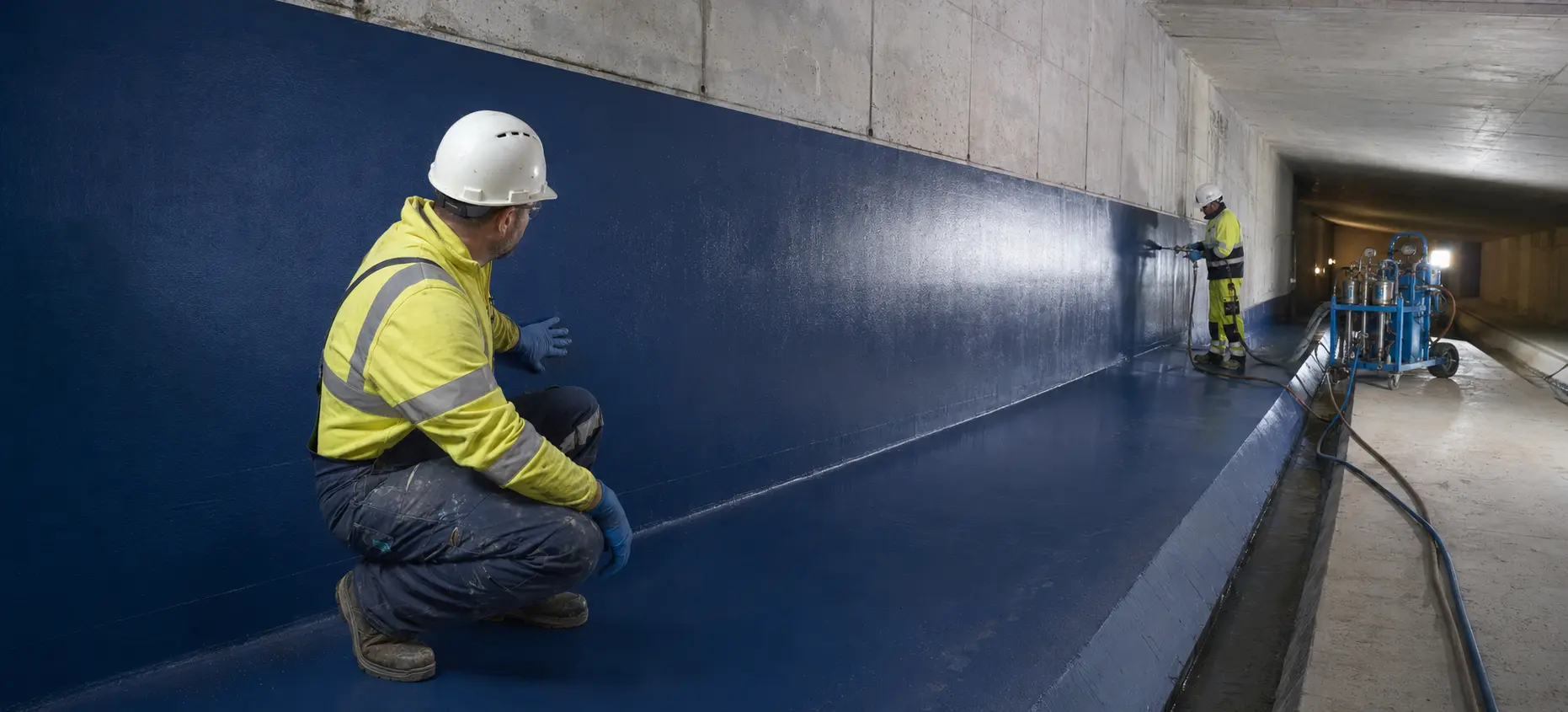 Construction specialists inspecting a seamless waterproofing membrane