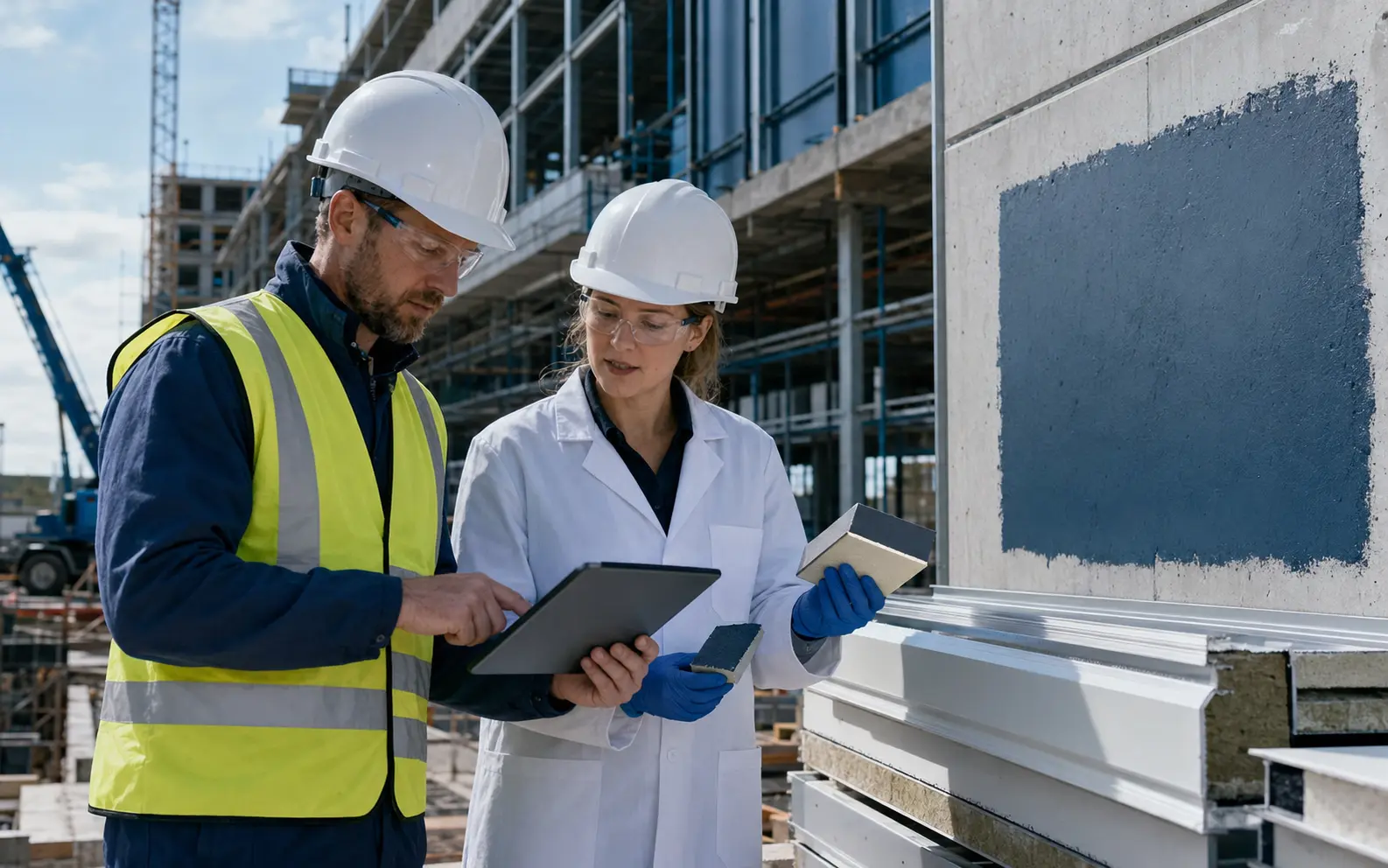 An application engineer and technical chemist reviewing polyurethane materials at an industrial construction site